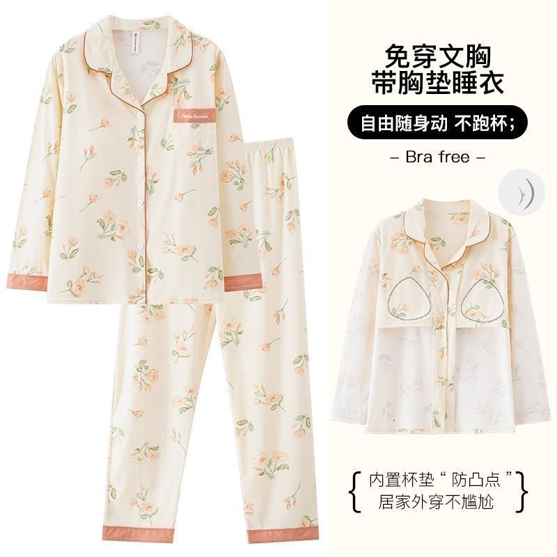 Primavera y otoño pijamas pantalones de algodón primavera y otoño mangas largas largas sueltas de tamaño grande se puede usar para el hogar conjunto de cojín de pecho