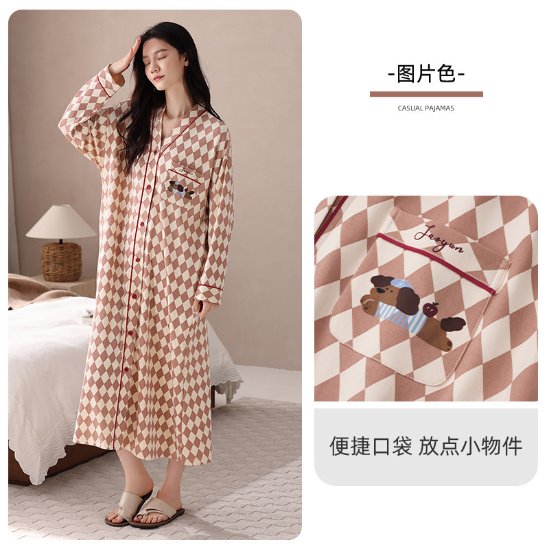 【抗菌莱卡棉】新款女士睡衣春秋季纯棉长袖开衫格子睡裙家居服潮|undefined