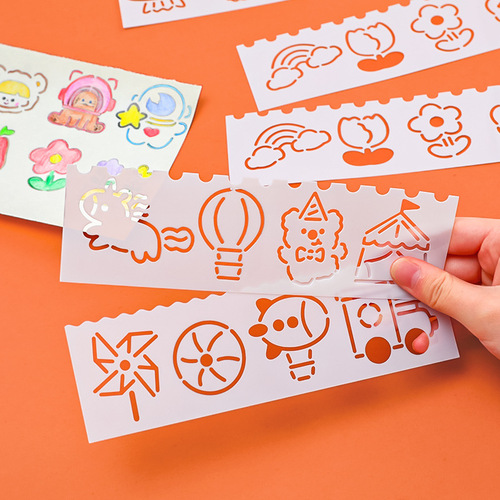 Hangsu original cartoon hand-painted ruler student diy handwritten paper hollow template painting multifunctional lace ruler 4 pieces