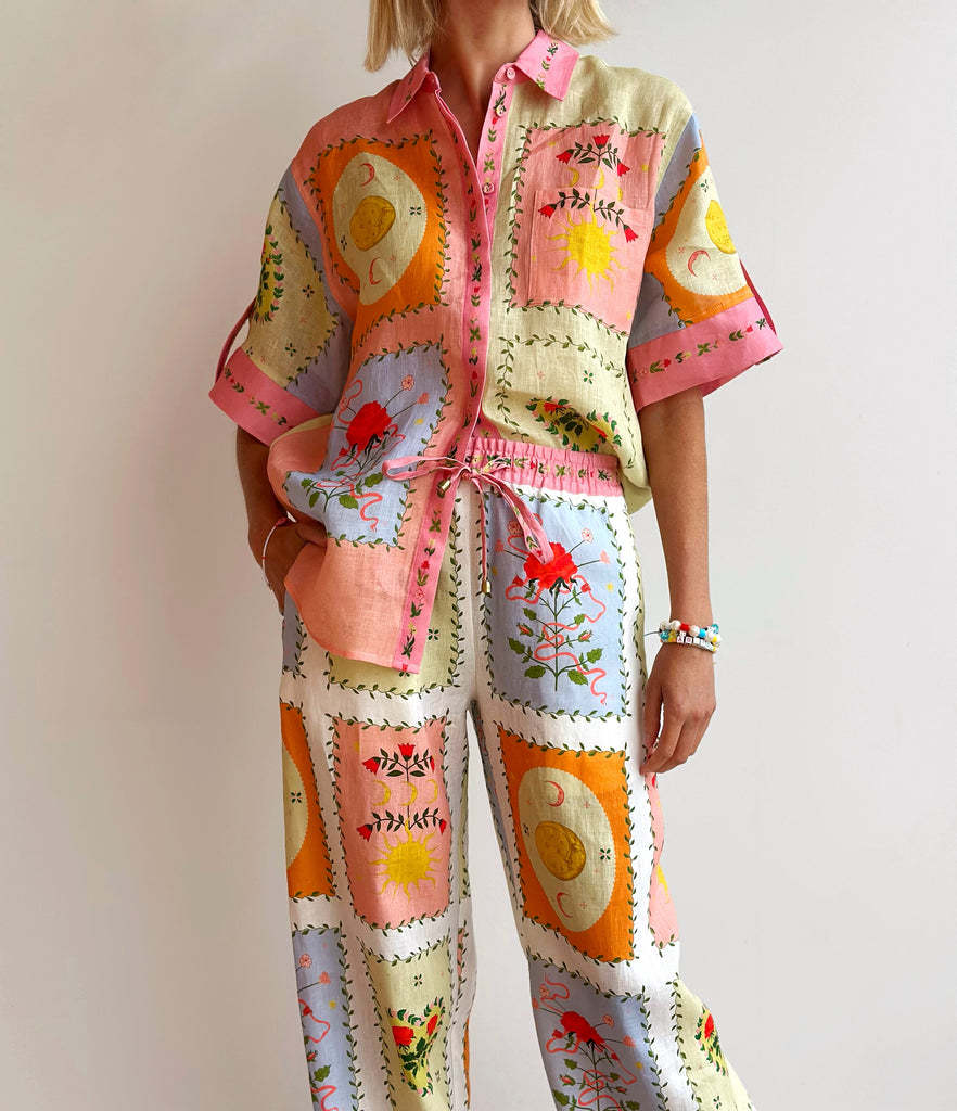 Linen, Polyester, Hemp Fabric Type Pant Co-ord Set Sets Type Holiday Selfie Women's Casual Simple Style Streetwear Flower Linen Polyester Hemp Pant Co-ord Set Pants Sets