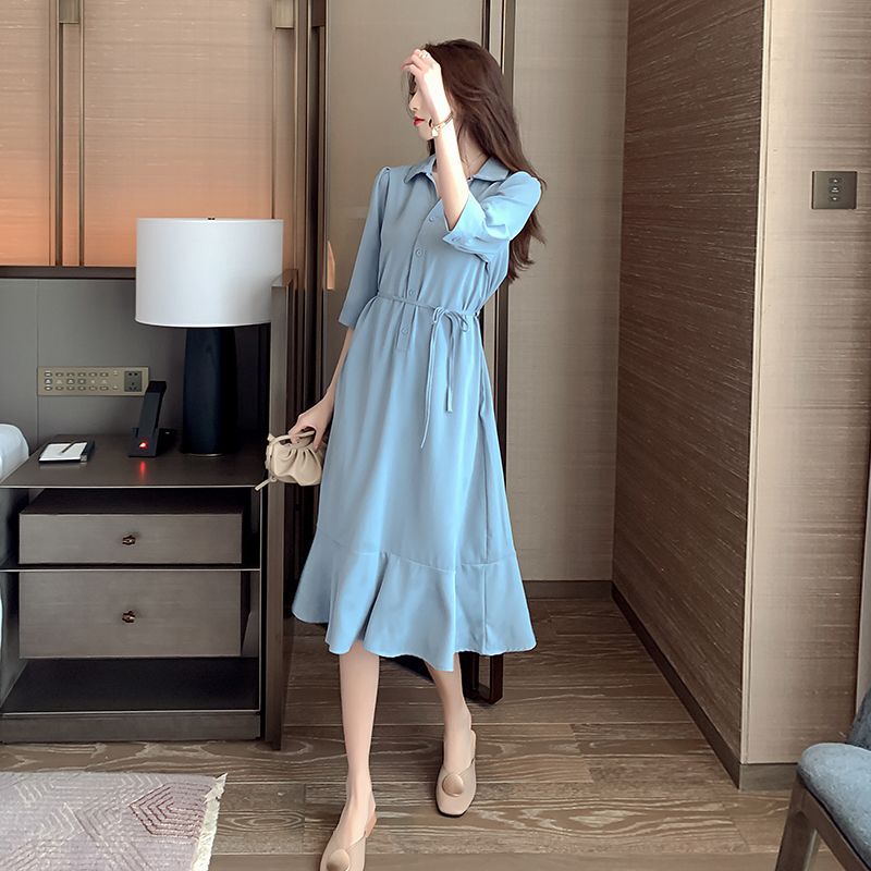 Real Shot In-Stock Fishtail Dress 2026 New Summer French Style Elegant Dress Goddess Style Slimming Shirt Dress