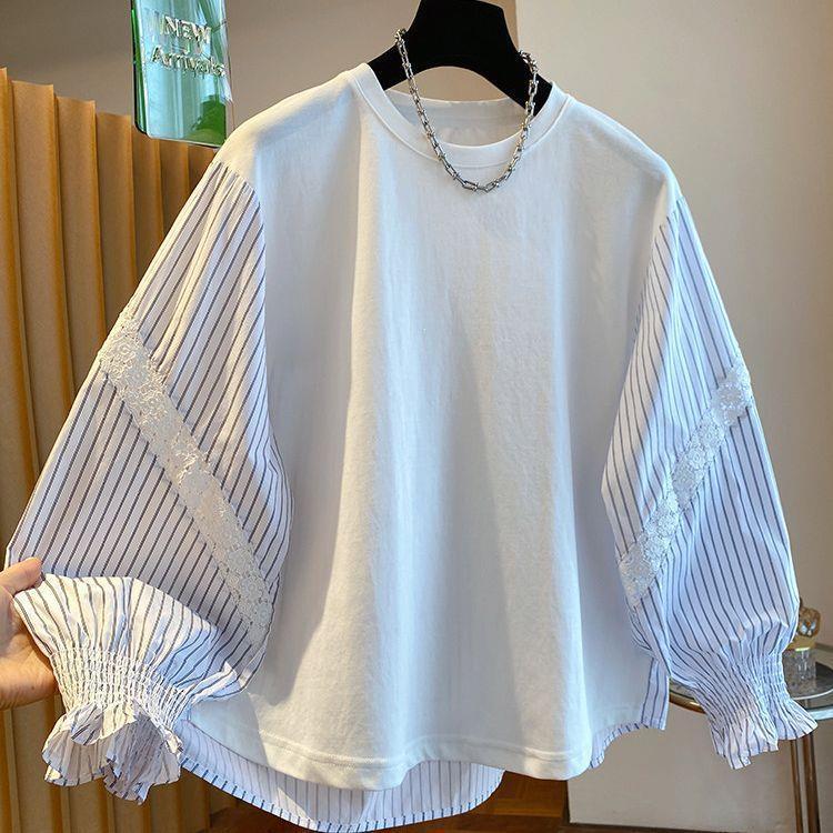 Striped shirt with spliced sleeves, women's long-sleeved T-shirt, 2026 new style, loose and chic base layer top Striped shirt with spliced sleeves, women's long-sleeved T-shirt, 2026 new style, loose and chic base layer top