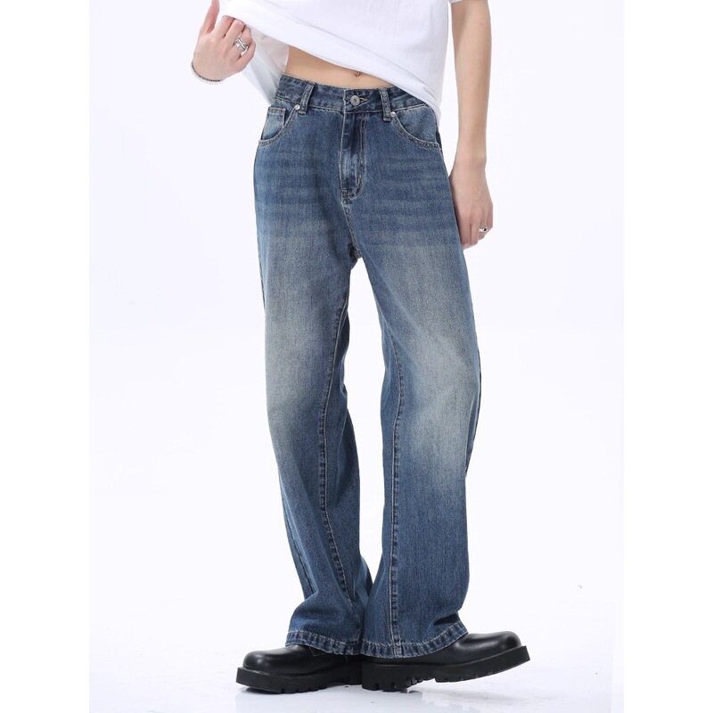 Voguo Rela Korean Style Retro Dark Blue Washed Jeans with Drapey Loose Straight Wide-Leg Pants, Unisex