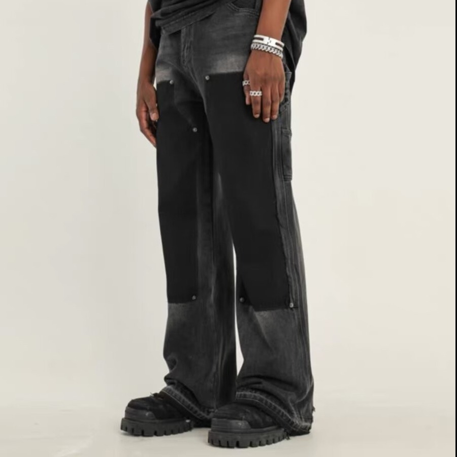 Men's Clothing High street washed distressed patchwork lumberjack jeans for men Retro fashion trend ink splashed print wide leg trousers_voghion.com