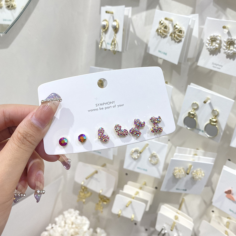 Korean Fashion Colorful Inlaid Rhinestone Bow Heart Flower Earrings 6-piece Set Wholesale Nihaojewelry display picture 11