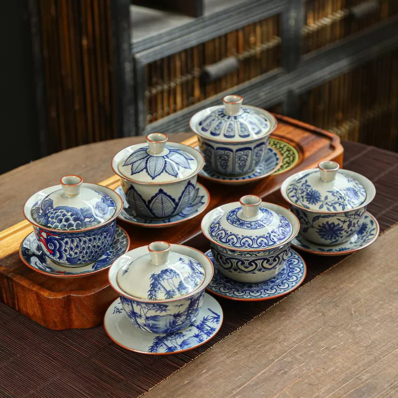 仿古青花三才盖碗陶瓷功夫泡茶杯单个泡茶盖碗家用防烫敬茶碗茶杯