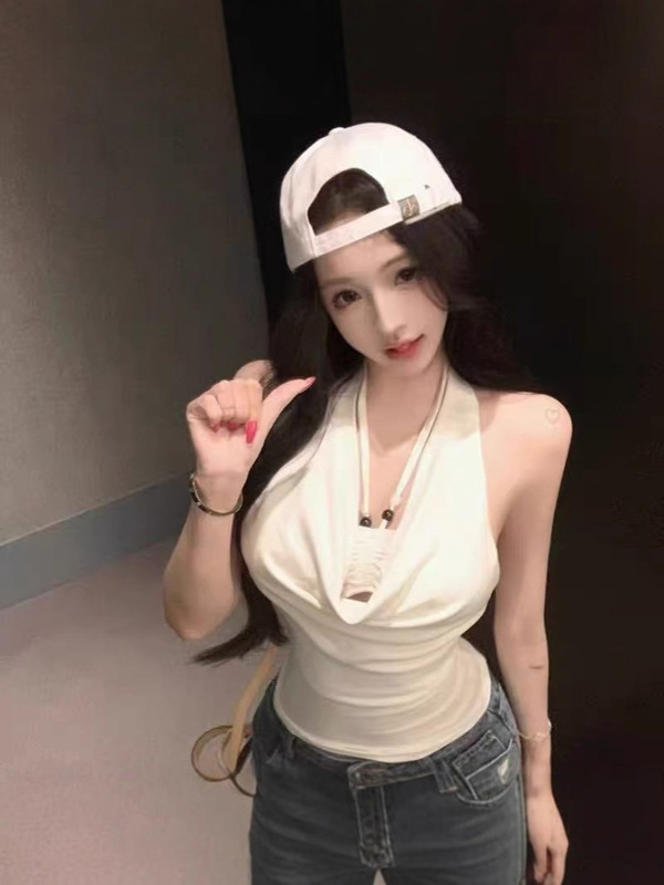 爱依轩 纯欲风褶皱荡领挂脖吊带背心女新款法式气质收腰无袖上衣|undefined