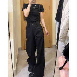 黑色高腰阔腿西装裤女夏季薄款小个子宽松垂感百搭显瘦直筒休闲裤