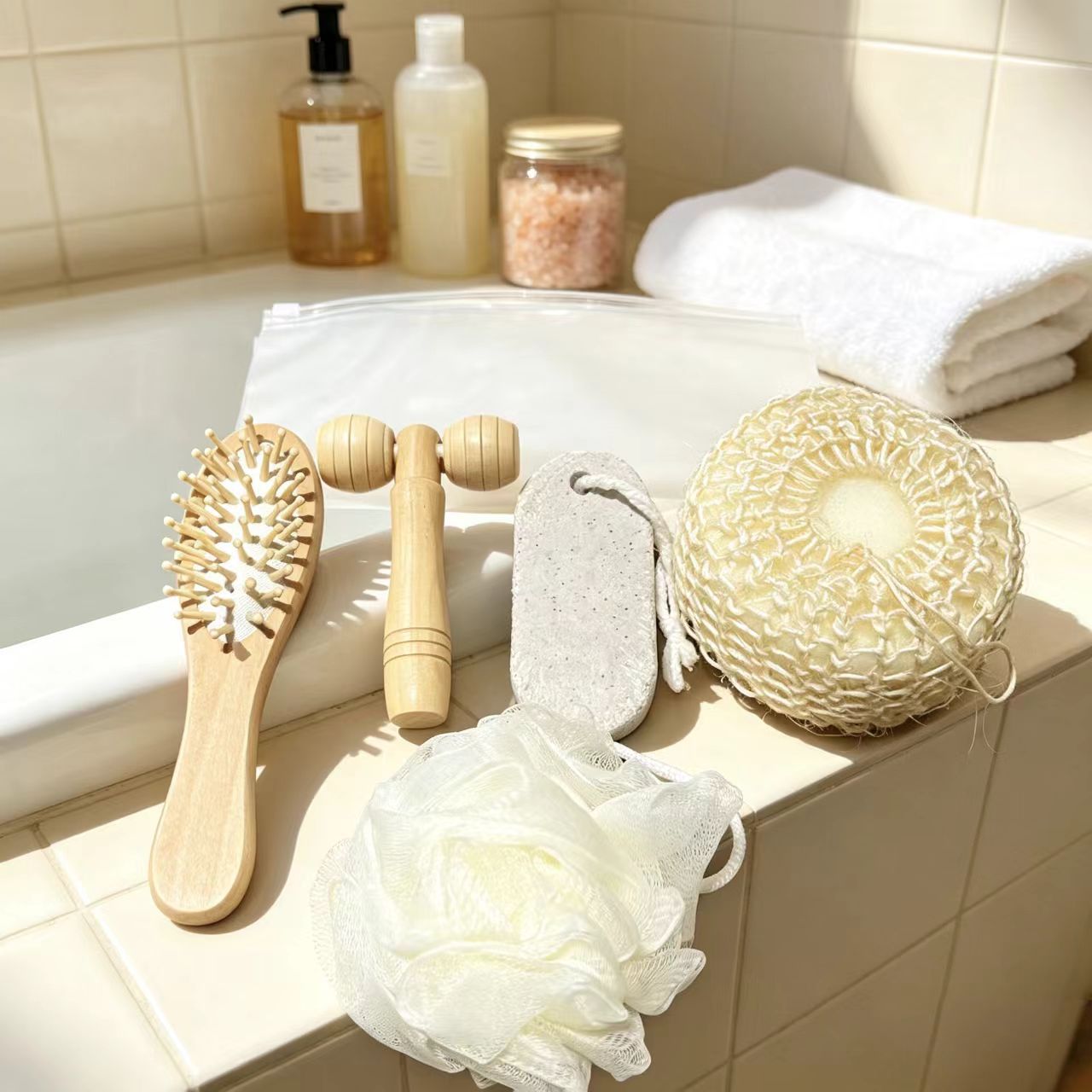 Set de Baño de Madera con Corazón de Madera de Masaje para Baño y Regalo