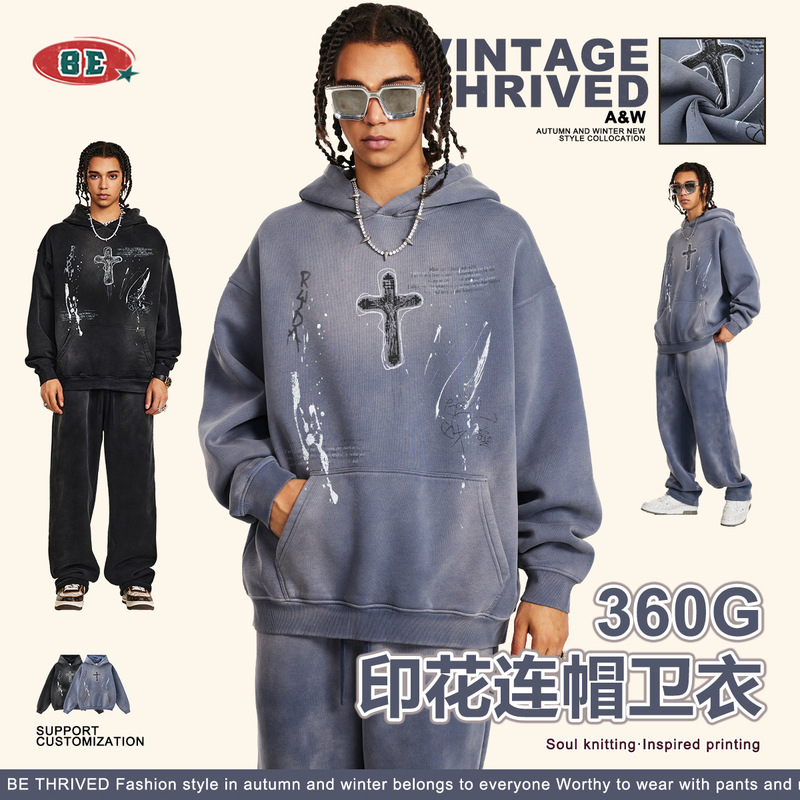 BE Men's Wear | 2025 Autumn American Street Loose Hand-painted Couple Wear Fashion Brand ins Paint Point Hooded Wei Yi Men