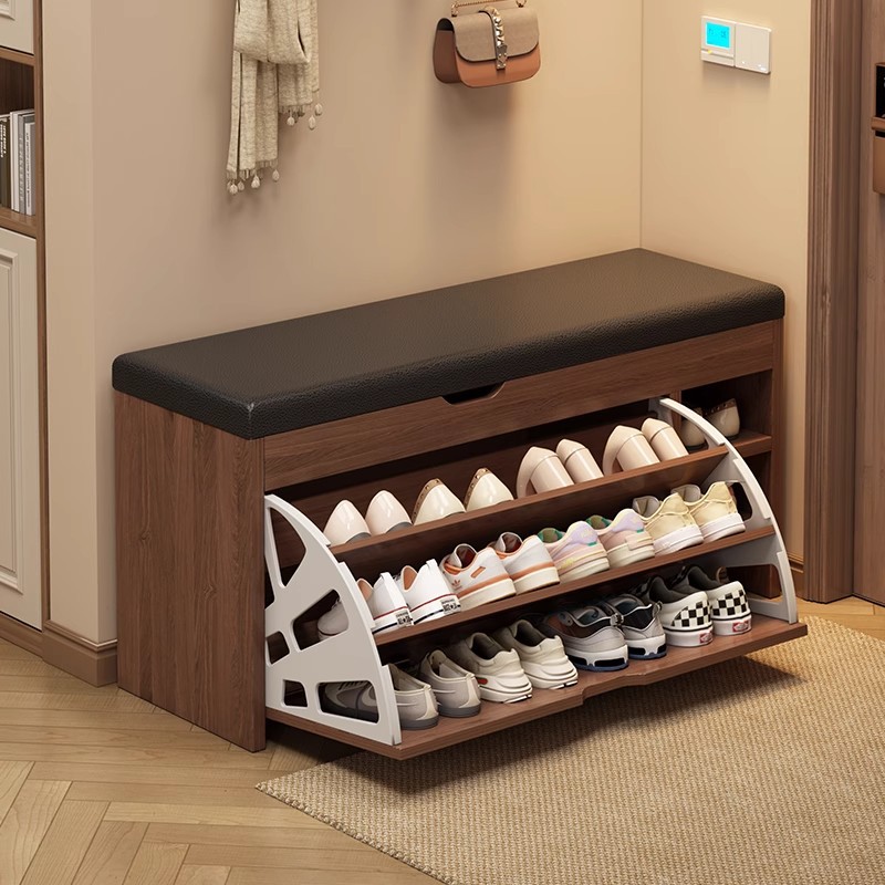 Taburete de cambio de zapatos en la puerta del hogar, taburete de asiento para armario de zapatos, taburete de asiento integrado, estante de zapatos de flip-top, almacenamiento de entrada, taburete de zapatos