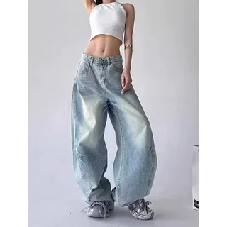 美式复古嘻哈街头水洗浅蓝弯刀牛仔裤女2026春秋季新款宽松阔腿裤