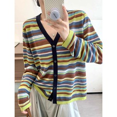薄款外搭防晒开衫女短款冰丝针织衫韩版宽松彩色条纹拼色空调衫潮