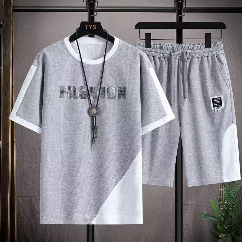 2023 short sleeve suit men's summer new simple casual sports loose waffle with a set of thin
