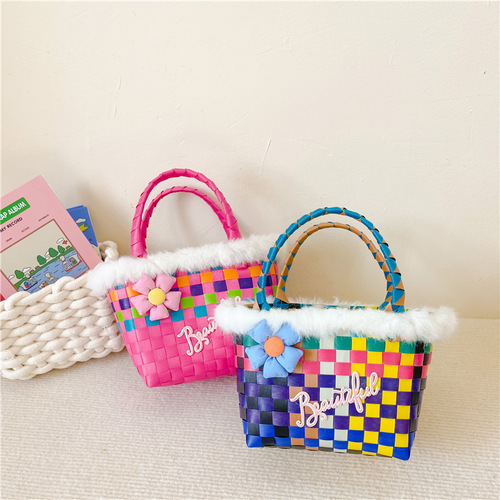 Baby bag Korean vegetable basket portable children's bag Internet celebrity sweet contrasting woven checkerboard girl's bag