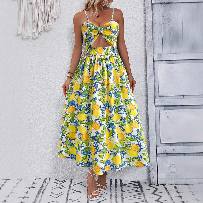 European Size Amazon Cross-Border 2025 New Summer Women's Elegant Holiday Suspender Lemon Print Dress