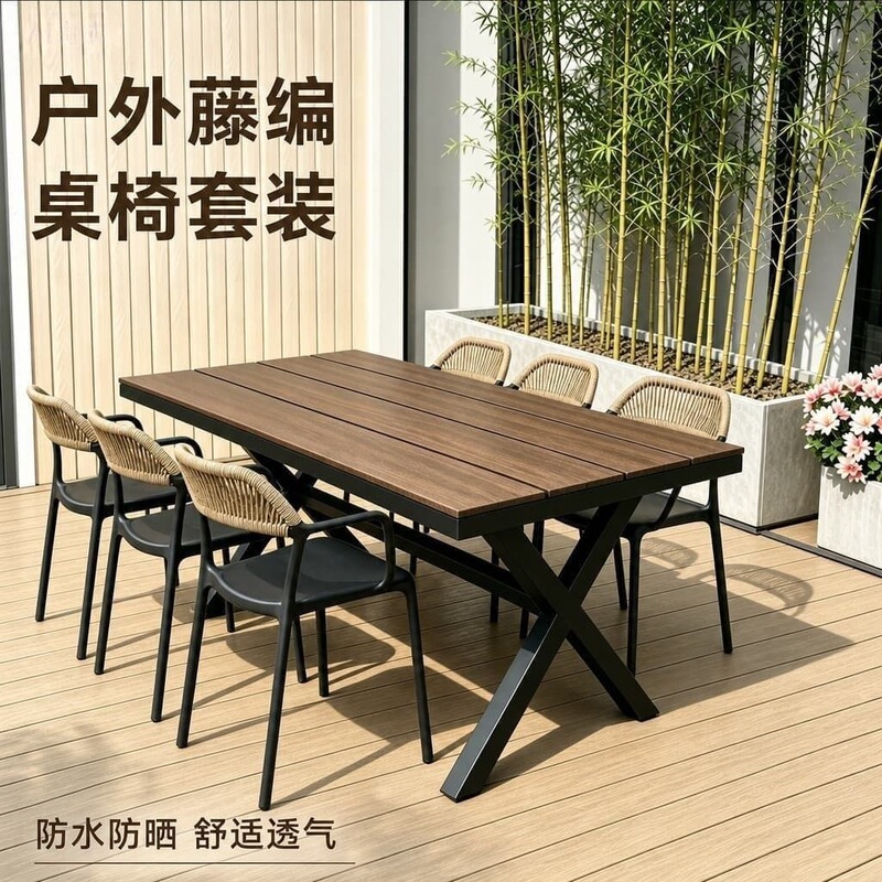 Outdoor tables and chairs made of anti-corrosion wood-plastic composite, leisure rope-woven chairs, outdoor balcony dining tables, tea shop dining tables and chairs, waterproof Outdoor tables and chairs made of anti-corrosion wood-plastic composite, leisure rope-woven chairs, outdoor balcony dining tables, tea shop dining tables and chairs, waterproof