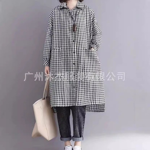 Cross-border European and American sources of goods 2024 autumn new literary plus size loose long sleeve double pocket single-breasted check shirt