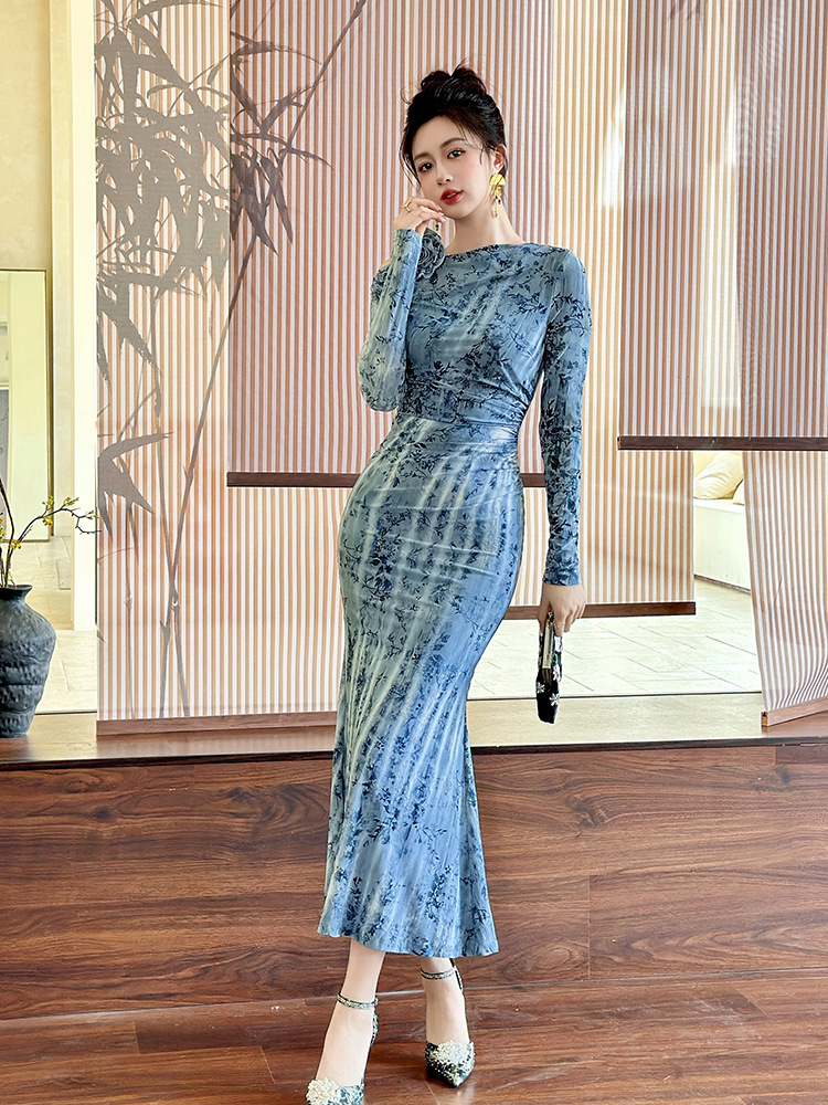 Đầm maxi nữ thắt eo dáng đuôi cá in họa tiết kiểu Pháp — than chì xanh