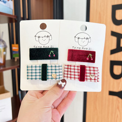 Korean Version Children Hair Clips Autumn New Girl Checkered Butterfly Knot Press Clips Silk Velvet Embroidery Cherry BB Clip