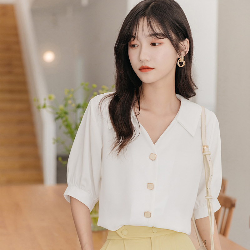 여름 새로운 빛 성숙한 스타일 V-넥 반팔 쉬폰 화이트 셔츠 여성용 우아한 연령 감소 모든 매치 디자인 틈새 탑