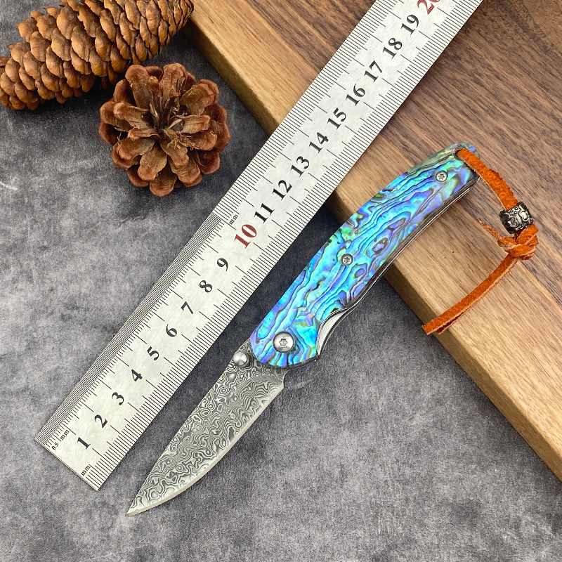 鲍贝柄大马士革钢材折叠小刀跨境户外求生便携口袋水果刀锋利迷你