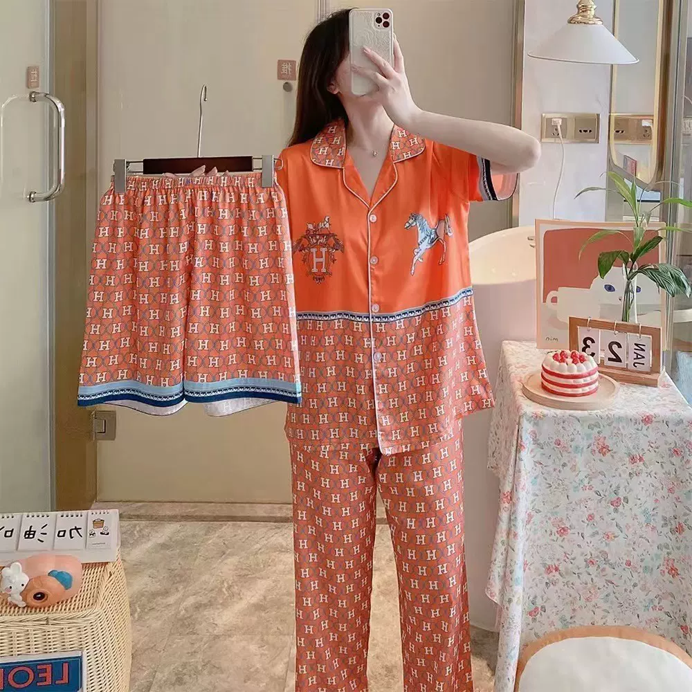 大牌同款睡衣女夏冰丝三件套大码短袖睡衣网红直播家居服可外穿