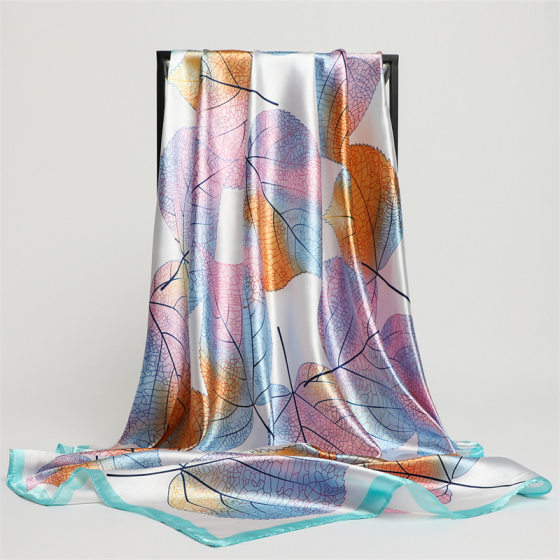 European and American style leaf scarf women's new imitation silk scarf 90cm large square scarf summer sunscreen scarf decorative scarf