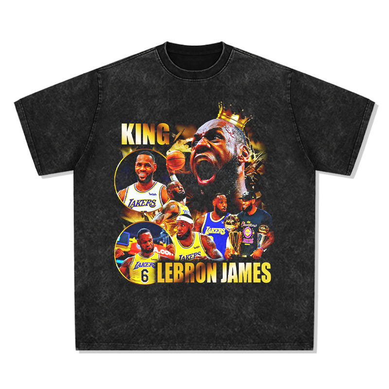 Summer New Basketball LeBron James Characters Printed Short-sleeved T-shirt Heavy Trendy Loose Men's Short-sleeved T-shirt