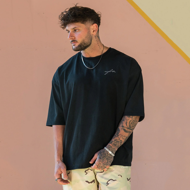 YOUNGLA Men's Oversized T-Shirt Muscle Sports Fitness Cotton Round Neck Short Sleeve Gym Running Basketball Training