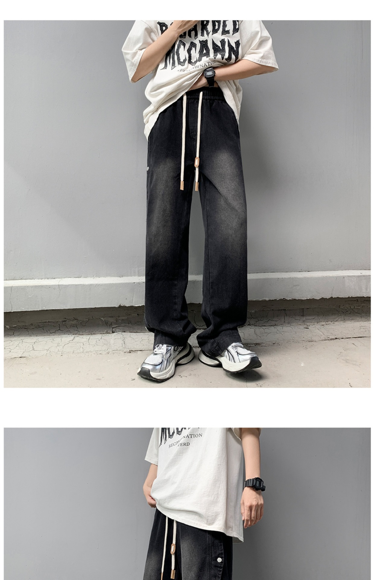 Retro Light Blue Men's Jeans High Street Hip Hop Stacked Design Straight Leg Loose Fit_viptrois.com