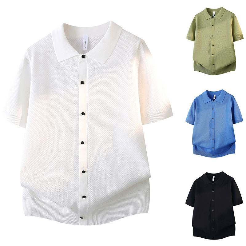 Polo camiseta collar camiseta de punto camiseta de manga corta camiseta hombre waffle cardigán viejo dinero viento hielo seda fábrica transfronteriza al por mayor