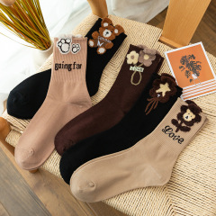 毛絨飾品襪子女網紅秋冬ins潮百搭復古咖色卡通立體小熊長筒外穿