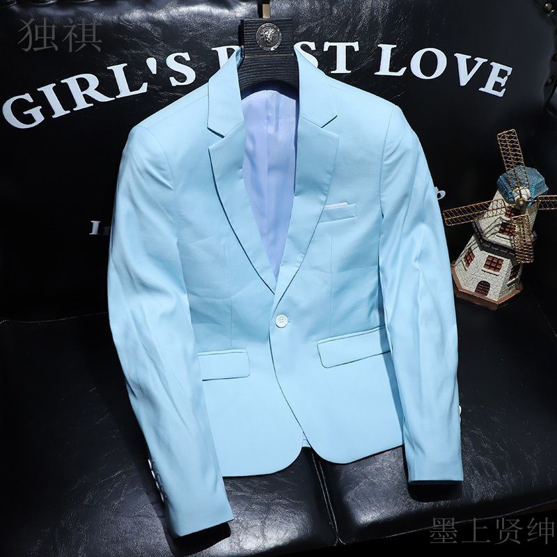 轻奢潮流时尚西服男外套春秋新款时尚青年天蓝色礼服韩版修身单西