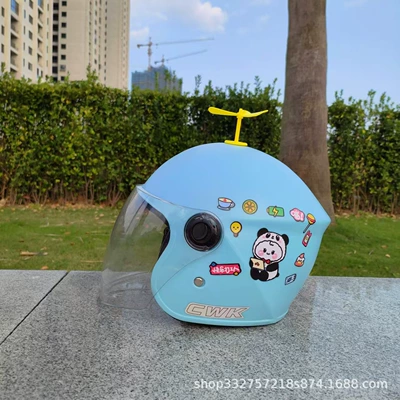 battery motorcycle helmet, Motosiklet kaskı (dəbilqə) - sky-blue-black-and-white-panda-transparent-long-mirror-yellow-windmill-3c-childrens-3-10-and-a-half-years-old-helmet