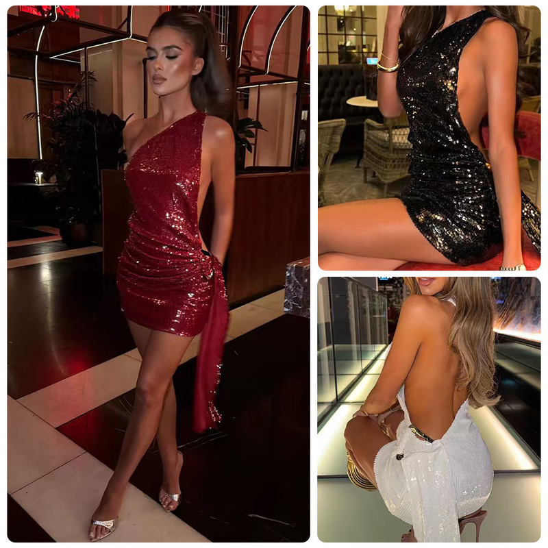 Cross-Border 2025 European and American Sexy One-Shoulder Sequin Dress Backless Slim Hip-Hugging Short Skirt Party Nightclub Dress