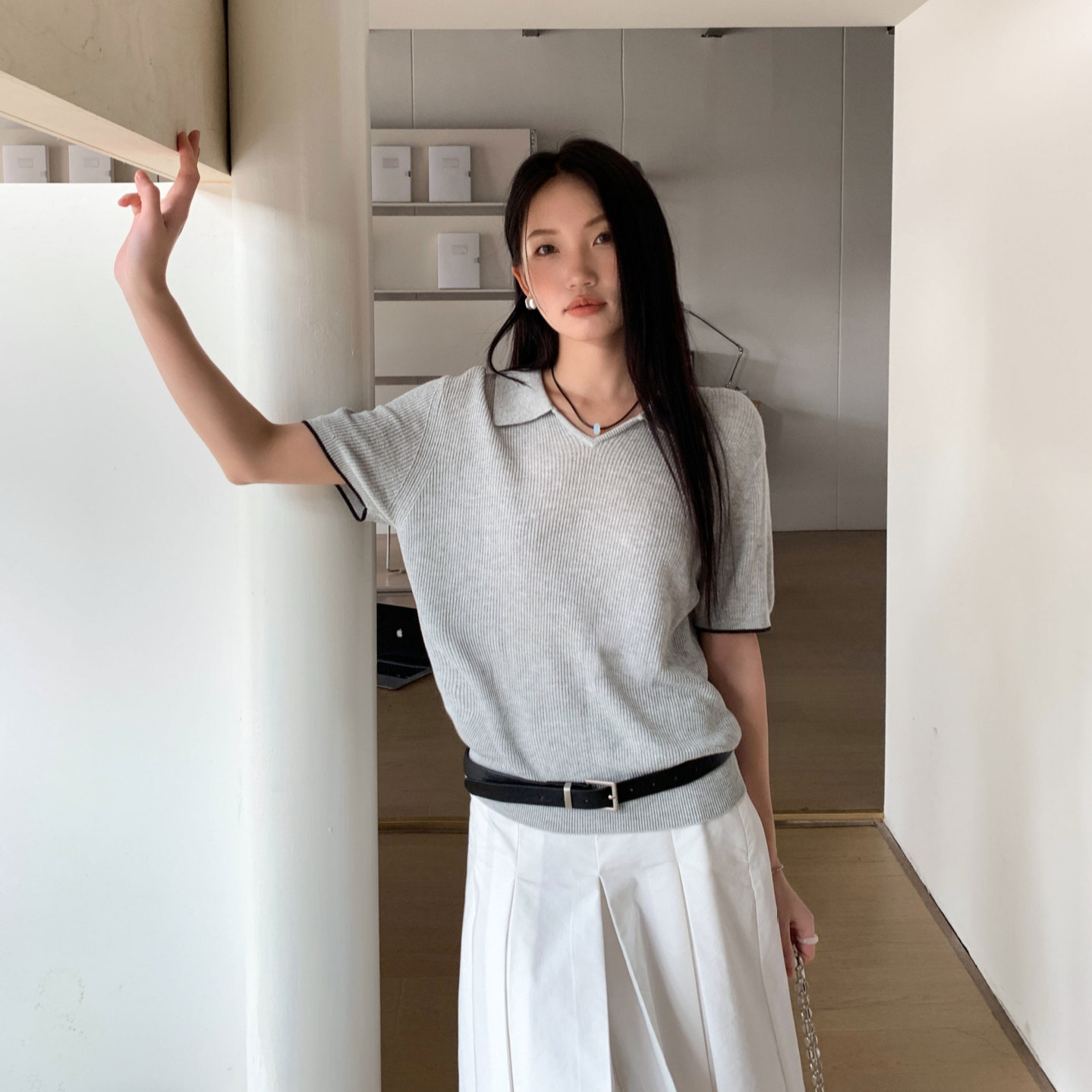 6UP春夏新款韓系翻領毛衣短袖女2025廣州13行新款極簡百搭91353