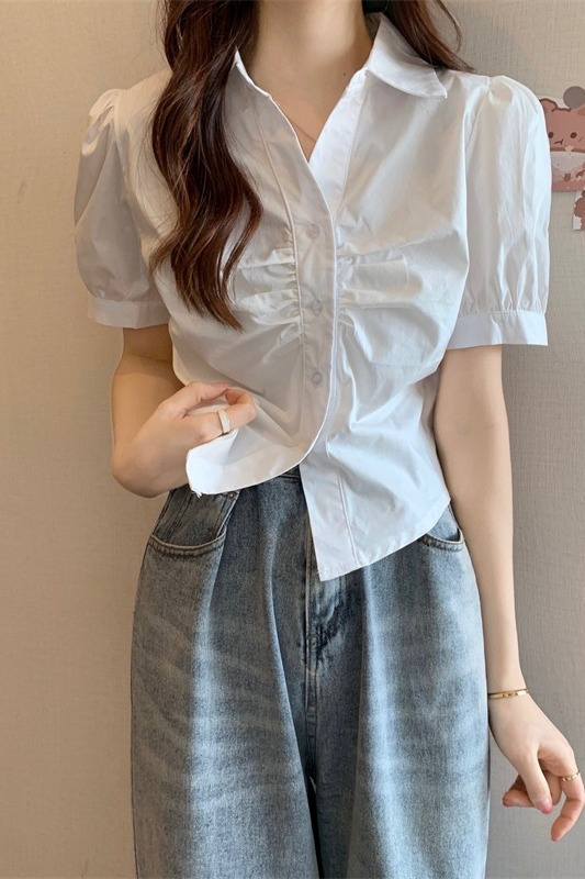 白色短款翻领泡泡袖衬衫女夏设计感小众短袖衬衣法式别致小衫上衣|undefined