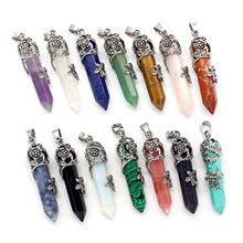 外贸饰品水晶玫瑰花六角柱吊坠天然石单尖子弹头梅花灵摆复古项链