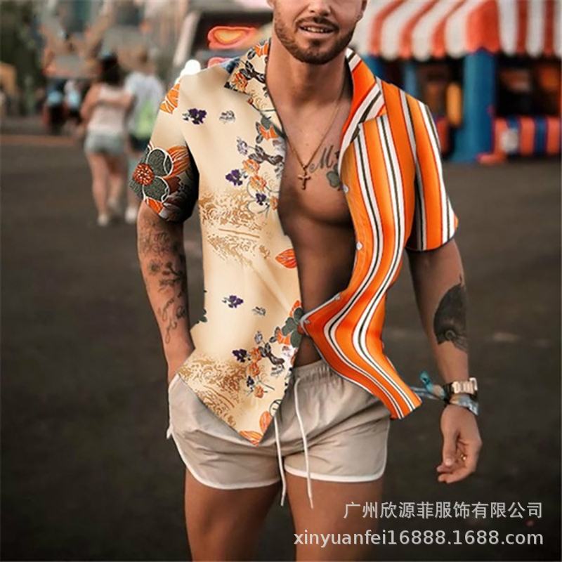 ebay new men's beach shirt AliExpress hot selling Hawaiian tropical shirt color matching striped street tide men