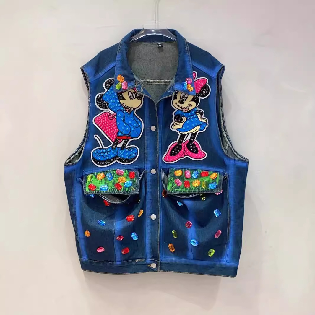 Estación europea de diseño de marca de moda chaleco de vaquero sin mangas chaleco de la industria pesada de la mujer graffiti cuentas de clavos personalidad chaqueta de clip de caballo