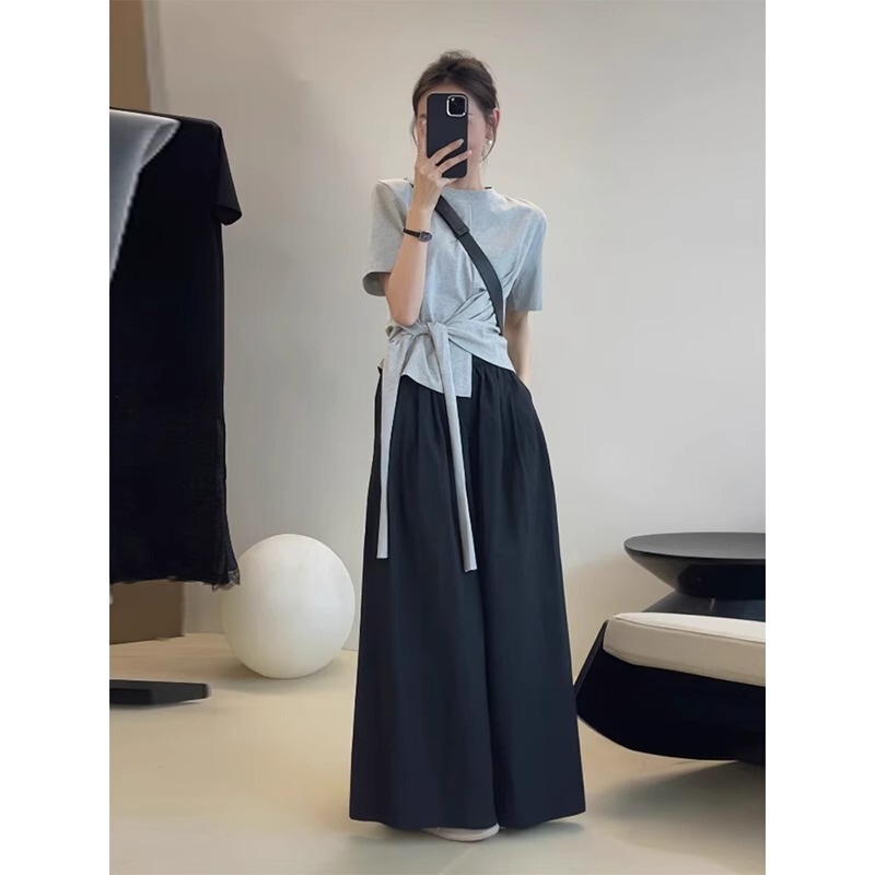 夏装搭配一整套韩系感不规则绑带T恤阔腿裤盐系减龄两件套女|undefined
