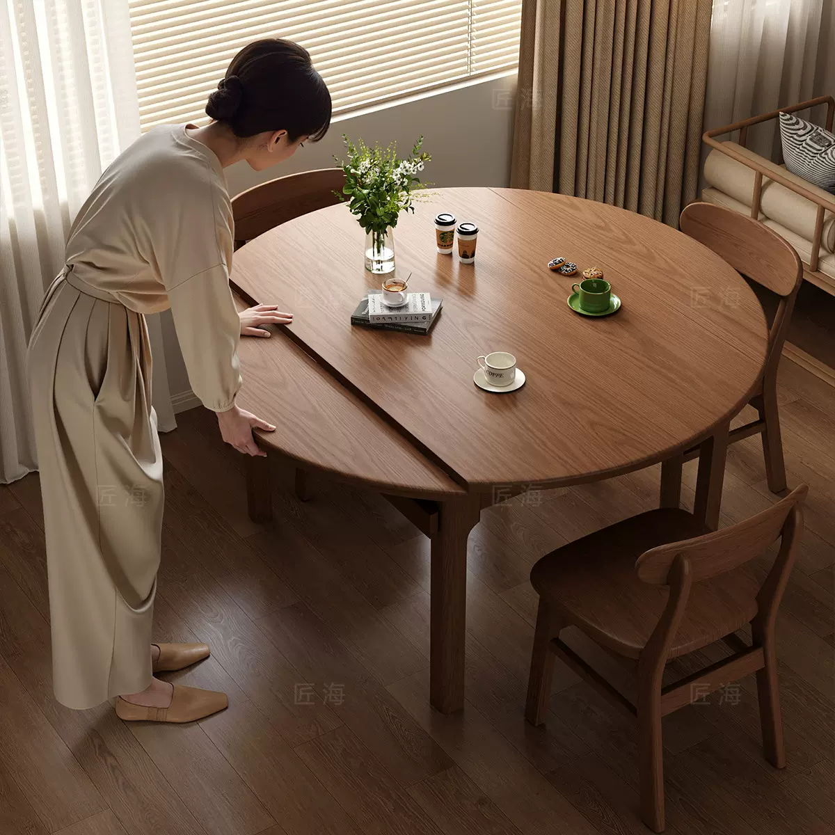 实木伸缩餐桌中式方圆两用餐桌桌椅套装