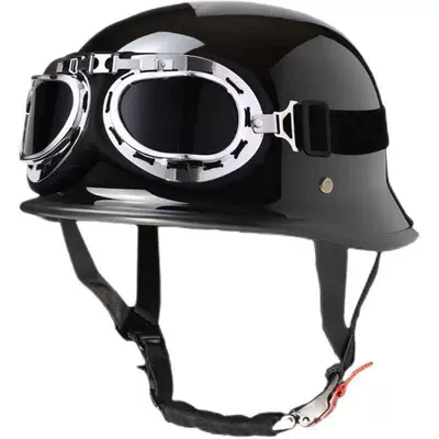 vintage motorcycle helmet, motorcycle helmet, Motosiklet kaskı (dəbilqə) - glossy-black-with-silver-plated-goggles-m55-56