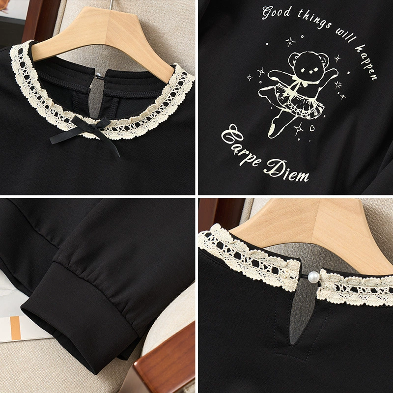 Autumn cute lace long-sleeve with a round collar, plus size