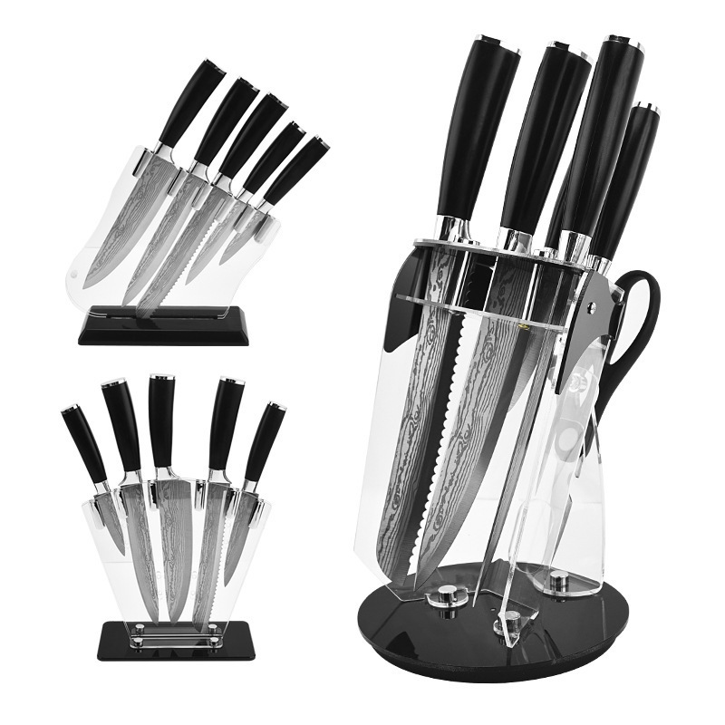 Exportación Acrílico Soporte de almacenamiento de herramientas giratorias Cuchillo de cocina Damasco Juego de herramientas de cocina con patrón láser de acero inoxidable