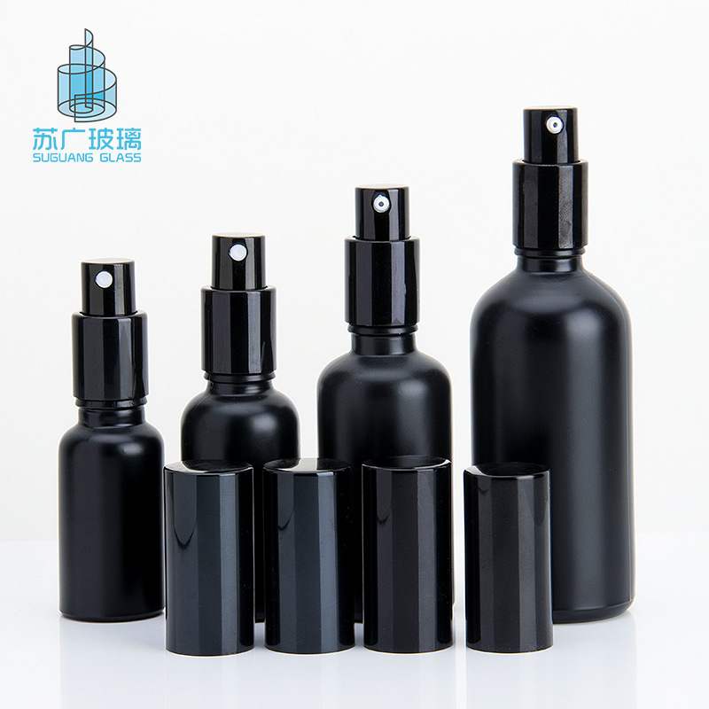 现货黑色100ml补水喷雾瓶 30ml精华乳液按压泵头分装化妆品玻璃瓶