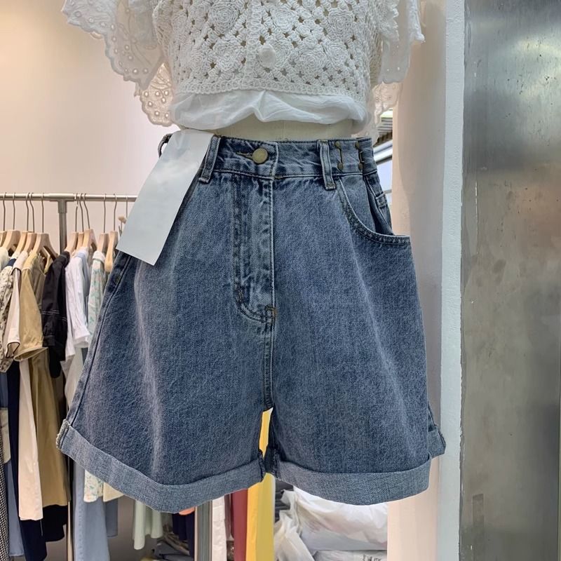 Pear-shaped body high-waist denim shorts for women in summer large size fat hips thick loose thighs curly wide-leg pants