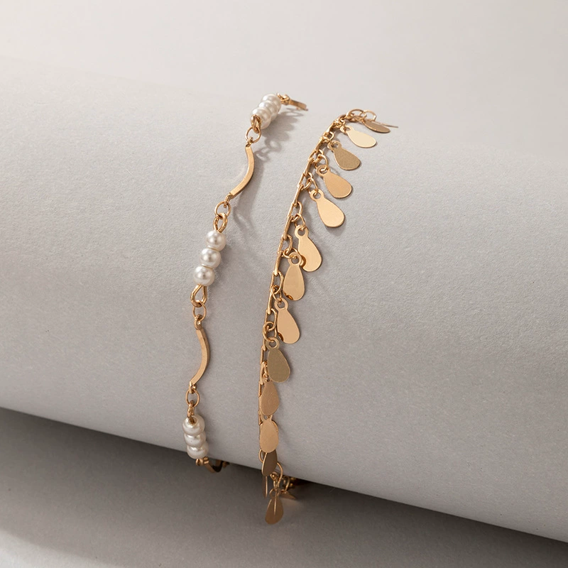 Ankle bracelet from pearl, metal golden water, chain, set, new collection, simple and elegant design