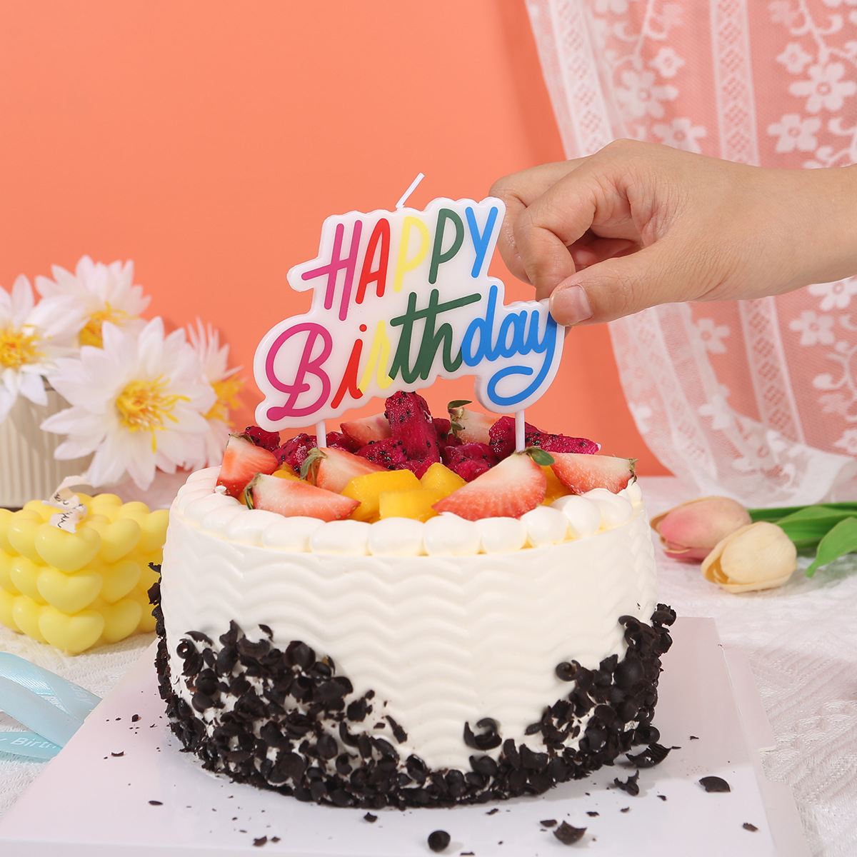 Nuevo arco iris de color pastel de cumpleaños cartas vela decoración pastelera feliz cumpleaños cartas vela